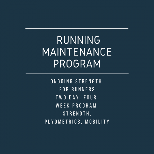 Navy blue title page stating "running maintenance program, ongoing strength for runners. two day, four week program. Strength, plyometrics, mobility.
